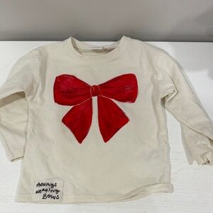 Zara Cream Kids Long-Sleeve Top with Red Bow Graphic